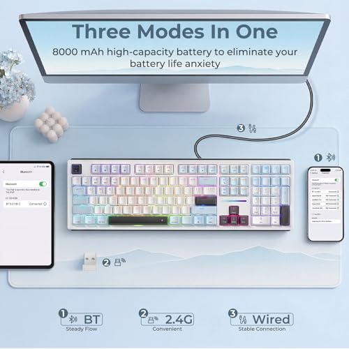 Redragon K771 Wireless Mechanical Keyboard, 108-Key Gaming Keyboard with 4 Extra Hotkeys, 5-Layer Noise Dampening, Pre-lubed Linear Switches, Hot-swap Custom RGB Keyboard for PC/Mac - Blue&White - color: Blue-White
