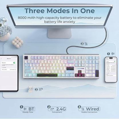 Redragon K771 Wireless Mechanical Keyboard, 108-Key Gaming Keyboard with 4 Extra Hotkeys, 5-Layer Noise Dampening, Pre-lubed Linear Switches, Hot-swap Custom RGB Keyboard for PC/Mac - Blue&White - color: Blue-White