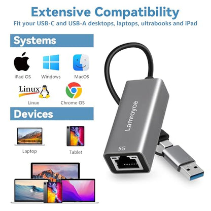 USB 3.0 to Ethernet Adapter 5G, USB C 3.1 to RJ45 5Gigabit LAN (5000Mbps) Network Internet Adapter Converter, Support 2.5G/1000/100/10Mbps, Plug and Play,for Laptop, MacBook, Windows, MacOS,Linux - style: 5G