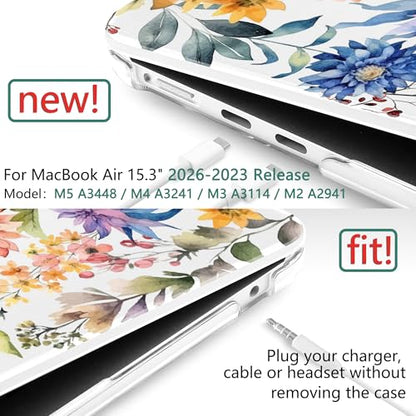 TWOLSKOO for MacBook Air 15 inch Case 2026 2025 2024 2023 Release M5 A3448 M4 A3241 M3 A3114 M2 A2941, Plastic Hard Shell & Screen Protector & Keyboard Cover & Trackpad Film, Beautiful Flowers - color: Beautiful Flowers D020