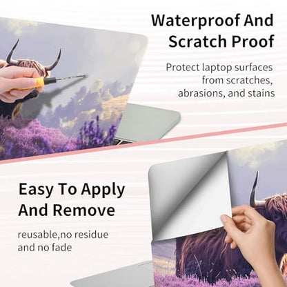 15.6 Inch Laptop Skin Sticker, Reusable Vinyl Cover Protector with 2 Wrist Pad Skins, Removable Waterproof Scratch-Resistant for 12-15.6 Inch Laptop Notebook,Highland Cow in Bloom - color: Highland Cow In Bloom