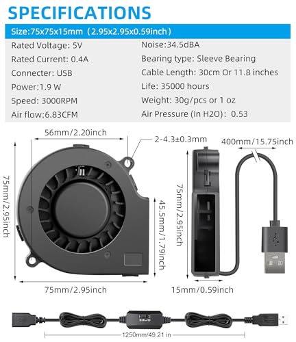 Wathai 75mm x 15mm USB Blower Cooling Fan 5V DC Turbo Small Fan DIY Cool | DC Brushless Turbo Small Computer Case Blower Fan for Cooling Electronics, Hard Hat, Helmet, and DIY Projects - size: 75mm