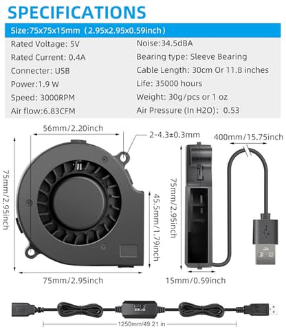 Wathai 75mm x 15mm USB Blower Cooling Fan 5V DC Turbo Small Fan DIY Cool | DC Brushless Turbo Small Computer Case Blower Fan for Cooling Electronics, Hard Hat, Helmet, and DIY Projects - size: 75mm