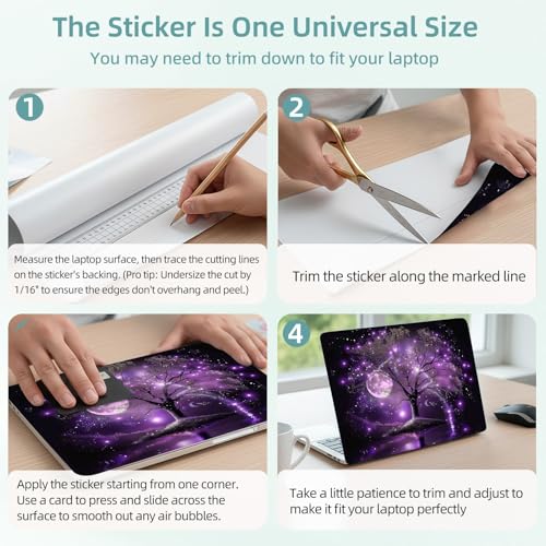 Universal Laptop Skin Decal, 3-Piece Vinyl Protector for 12 13 14 15.6" Notebook, Waterproof Anti-Scratch, Easy Trim & Bubble-Free Finish, Purple Tree with Stars and Moon - color: Purple Tree with Stars and Moon