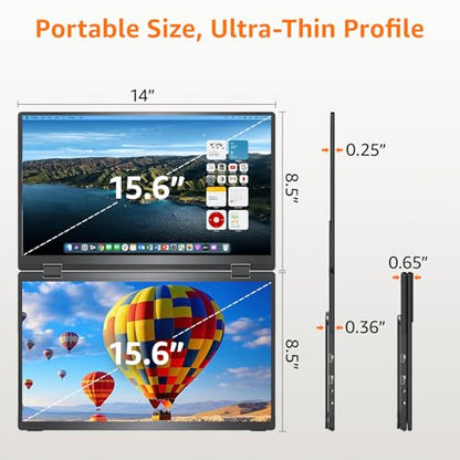 Upperizon Portable Monitor Foldable Dual Screen 15.6 inch FHD 107% sRGB IPS HDMI USB-C Travel Monitor for Laptop Mac PC Windows, DisplayLink Stacked Screen Extender with Kickstand, VESA Compatible - size: 15.6 inches