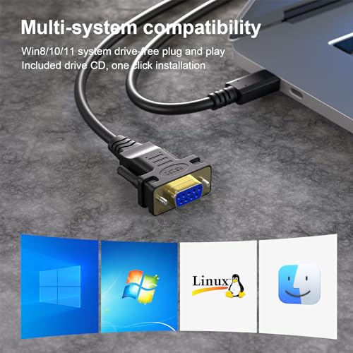 USB-C to RS232 DB9 9pin Female Serial Cable Converter Adapter with FTDI Chipset for Windows 11,10, 8.1, 8, 7, Vista, XP, 2000, Linux and Mac OS X 10.6 (10ft) - size: 10FT, style: RS-232 DB9 Female to USB-C