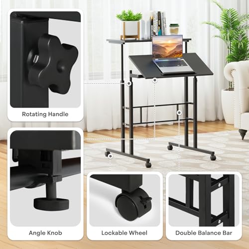 Athena Collection Rolling Standing Desk Small Mobile Table, Black | 4 Lockable Wheels, Engineered Wood Split Top, Adjustable Height for Home Office Computer Workstation - color: Black