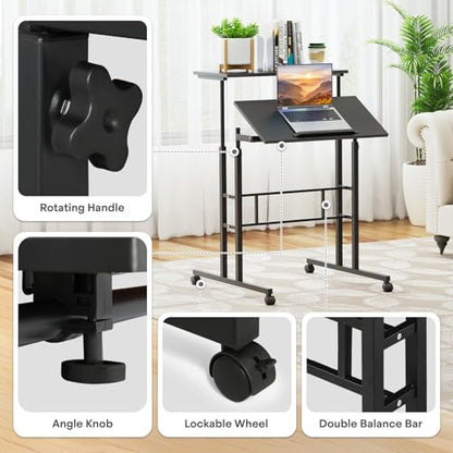 Athena Collection Rolling Standing Desk Small Mobile Table, Black | 4 Lockable Wheels, Engineered Wood Split Top, Adjustable Height for Home Office Computer Workstation - color: Black