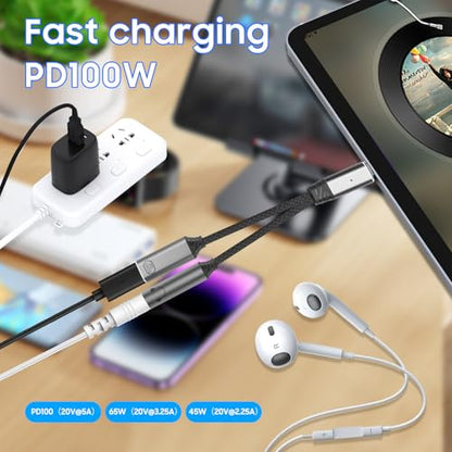 1-to-2 USB-C to 3.5mm headphone/USB-C PD100W charger adapter. (Gray) - color: Grey