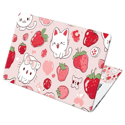 Universal Laptop Skin Sticker with 2 Wrist Pad Decals, 3-Piece Removable Vinyl Laptop Cover, Strawberry Cat Waterproof Anti-Scratch, Easy-Trim Fit for 13.3" 14" 15.6" Laptops - color: Strawberry Cat