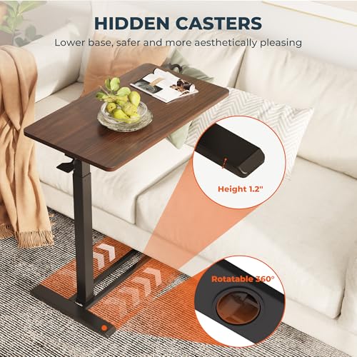 28'' Medical Overbed Bedside Table with Wheels,Rolling Table | 28''x16'' Mahogany Pneumatic Tilting Desktop,Overbed Bedside Table with Hidden Casters for Hospital Use - color: Mahogany, size: Small