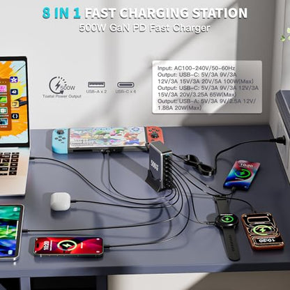 500W GaN USB C Charger Block Charging Station 8 Port Fast Charger Block with Dual 100W PD USB-C Fast Charging Station Hub Compatible with iPhone 17/16 15/14/13/Pro Max/MacBook Pro/Air/All iPad (Black) - color: Black-B