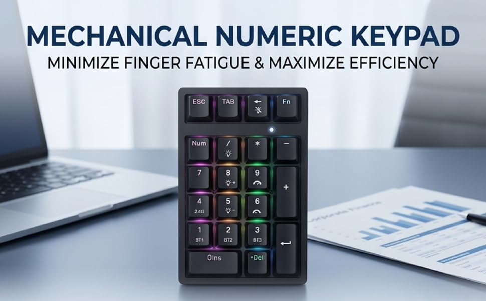 Zunate Mechanical Numeric Keypad, Wireless Bluetooth RGB Backlit, 21 Keys 3 Mode 2.4G USB Type C, Wired Numeric Number Pad for Cashier Accounting Data Entry Laptop Desktop