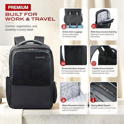 SAKOS Business Backpack for Men & Women, Smart Professional Backpack with USB Charging Port, 15.6 inch Waterproof Laptop Backpack with Microfiber Leather Accents