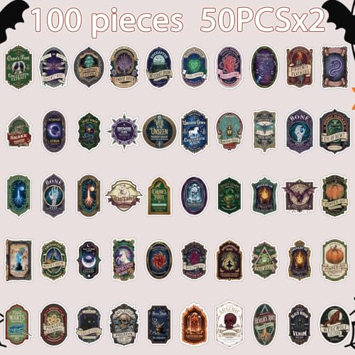 100 Pcs Halloween Potion Label Stickers, Dark Apothecary Decals | Spooky Witch Magic Sticker Pack, for Jar Laptop Water Bottle Scrapbook Craft Party Favor, Vinly, Waterproof - style: Halloween Apothecary Potion