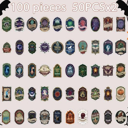 100 Pcs Halloween Potion Label Stickers, Dark Apothecary Decals | Spooky Witch Magic Sticker Pack, for Jar Laptop Water Bottle Scrapbook Craft Party Favor, Vinly, Waterproof - style: Halloween Apothecary Potion