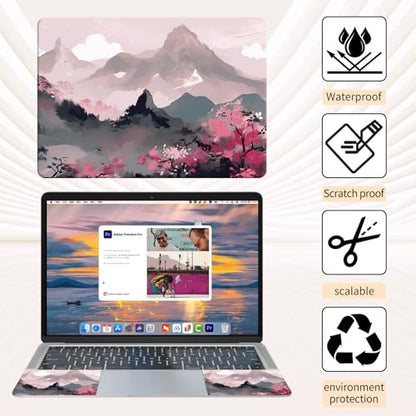 Laptop Skin Sticker 3-Piece Set,Mountains with Pink Flowers | Trim-to-fit 3-piece vinyl set with one 15 x 10.6 in lid skin and two palm-rest decals for many 12-15.6 in laptops - color: Mountains With Pink Flowers