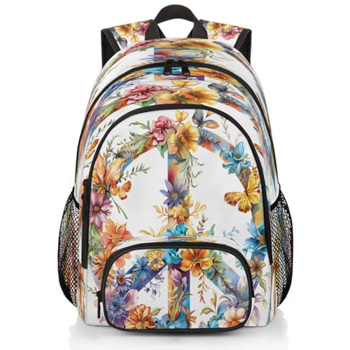 Hippie Flowers Laptop Backpack for Women Men, 18.3 Inch Travel Work Backpacks, Peace Sign Waterproof Computer Casual Daypack Nurse Teacher Bags - color: Multicolor 13