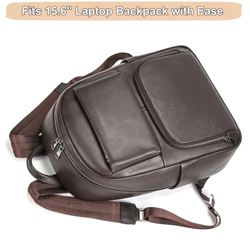 Genuine Leather 15.6 Inch Laptop Backpack for Men, Multi Pocket Casual Daypack Shoulder Bag for Business Travel Outdoor, Coffee - color: Coffee