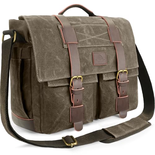 Messenger Bag for Men - 14" Waterproof Waxed Canvas Laptop Bag | Features 10+ functional compartments, Side Water Bottle Pockets, Unique Vintage Style, Adjustable Shoulder Strap - color: Vintage Grey, size: 14''