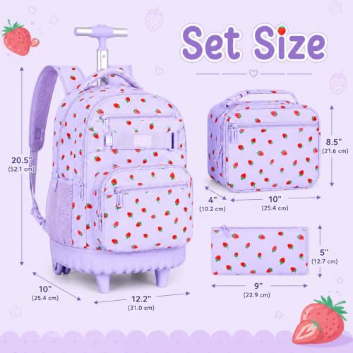 3Pcs Rolling Backpack for Girls, School Roller Bookbag with Wheels, Strawberry Wheeled Backpacks Set for Women (Purple) - color: Purple Strawberry