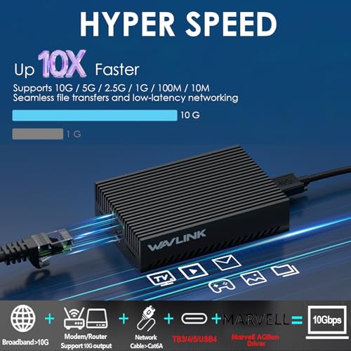 WAVLINK USB4 to 10Gbps Ethernet Adapter, USB-C to 10G Ethernet Network Adapter with AQC113 Chip, Supports Thunderbolt 3/4/5 & USB4, for Mac, Windows & Linux (Driver Required on Windows & Linux) - color: NWU342G-BK