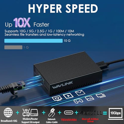 WAVLINK USB4 to 10Gbps Ethernet Adapter, USB-C to 10G Ethernet Network Adapter with AQC113 Chip, Supports Thunderbolt 3/4/5 & USB4, for Mac, Windows & Linux (Driver Required on Windows & Linux) - color: NWU342G-BK