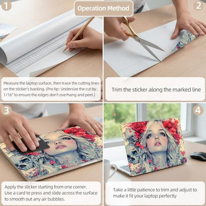 Aesthetic Laptop Skin Cover,12-15.6 Inch Universal Vinyl Sticker Decal,Floral Skull Girl Waterproof Scratch-Resistant Notebook Wrap,Removable Residue-Free Protector - color: Floral Skull Girl