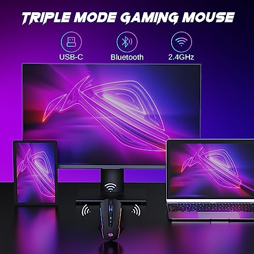 Redragon Wireless Gaming Mouse, Tri-Mode 2.4G/USB-C/Bluetooth Mouse Gaming, 12000 DPI, RGB Backlit, Fully Programmable, Rechargeable Wireless Computer Mouse for Laptop PC Mac, Black - color: Black, style: Bluetooth/ 2.4G/ Wired
