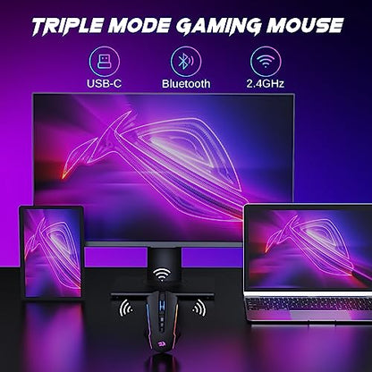 Redragon Wireless Gaming Mouse, Tri-Mode 2.4G/USB-C/Bluetooth Mouse Gaming, 12000 DPI, RGB Backlit, Fully Programmable, Rechargeable Wireless Computer Mouse for Laptop PC Mac, Black - color: Black, style: Bluetooth/ 2.4G/ Wired
