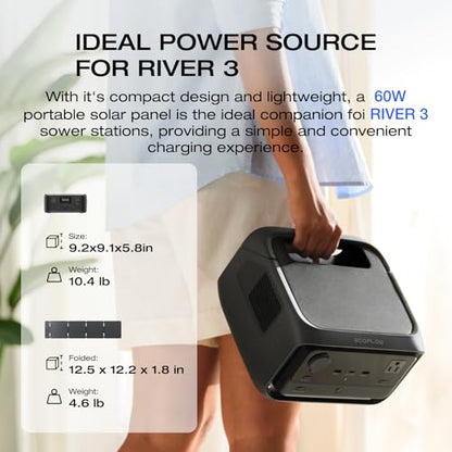 EF ECOFLOW Solar Generator RIVER 3 & 60W Solar Panel, 245Wh 300W | LFP Battery, 300W Up to 600W AC Output, <20 MS UPS, 1Hr Fast Charging Power Station for Outdoor/RVs - style: RIVER 3+60W Solar Panel