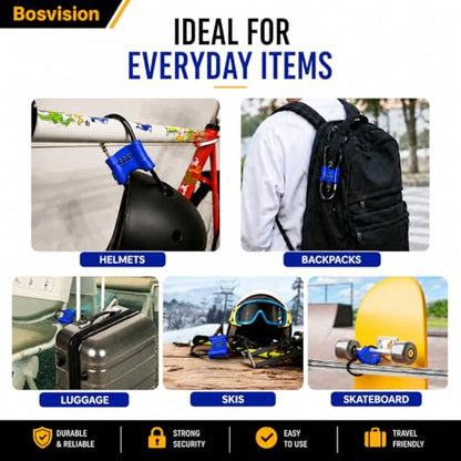 Bosvision 3-Digit Combination Lock with Braided Steel Cable – Secure Helmet, Backpack, Ski Gear, Luggage, Stroller – Dual Loop, Travel-Friendly Padlock - color: Blue