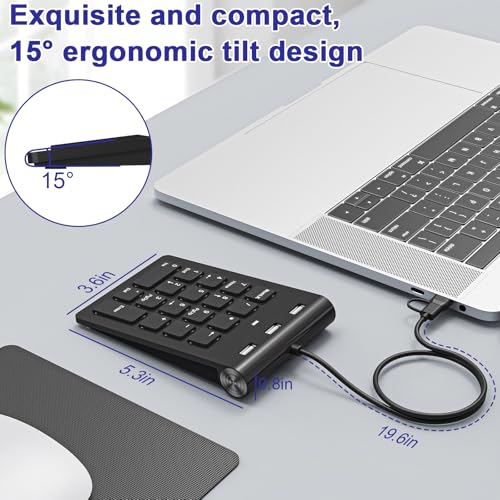 USB C Wired Number Pad, USB Numeric Keypad with 3 USB 2.0 Ports, 18 Key Number Pad Portable Slim Mini Keyboard for Laptop/Desktop/ Surface/ iPad, USB Number Keypad for Windows/MacOS/Chrome OS, Black