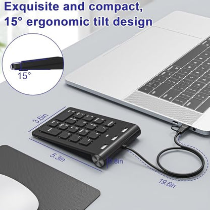 USB C Wired Number Pad, USB Numeric Keypad with 3 USB 2.0 Ports, 18 Key Number Pad Portable Slim Mini Keyboard for Laptop/Desktop/ Surface/ iPad, USB Number Keypad for Windows/MacOS/Chrome OS, Black