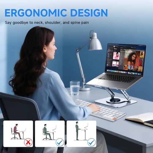 Leeboom 360° Rotating Laptop Stand, Aluminum Riser with Ergonomic Design | Adjustable ergonomic laptop holder fits 10–15.6-inch notebooks. Compatible with MacBook Air, Pro, Dell, HP, & Lenovo laptops - color: light silver