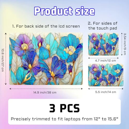 Universal Laptop Skin Sticker Decal, Compatible with MacBook HP Dell Lenovo 12"-15.6", Reusable Vinyl Notebook Cover 3PCS Set, High-Recognition Film-Blue Purple Stained Glass Flower - color: Blue Purple Stained Glass Flower
