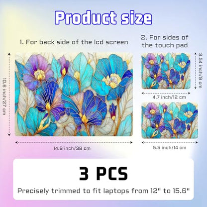 Universal Laptop Skin Sticker Decal, Compatible with MacBook HP Dell Lenovo 12"-15.6", Reusable Vinyl Notebook Cover 3PCS Set, High-Recognition Film-Blue Purple Stained Glass Flower - color: Blue Purple Stained Glass Flower