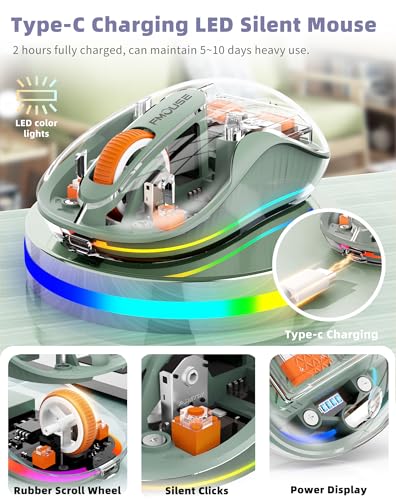 Bluetooth Wireless Mouse, Transparent RGB Tri-Modes Mouse,Bluetooth & 2.4GHz for Multi Device, USB-C Receiver Ideal for MacBook/Laptops, Rechargeable, Silent, Portable, Cool LED, Ergonomic - Green - color: Green