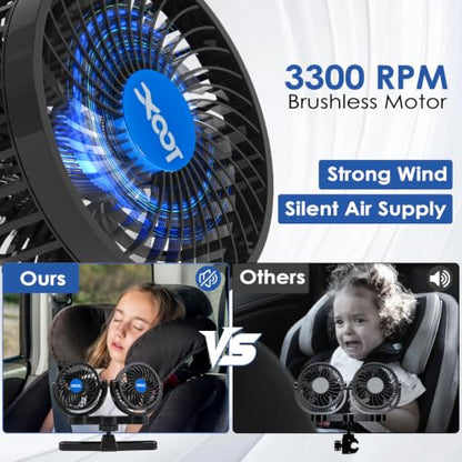 XOOL Electric Car Fans for Rear Seat Passenger Portable Fans Headrest 360 Degree Rotatable Backseat Car Fan 12V Cooling Air Fan with Stepless Speed Regulation for Vehicles, SUV, RV - size: Cigarette Dual Fan - Back