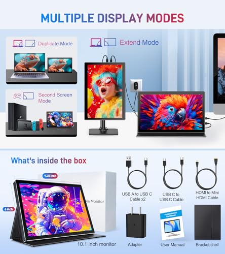 10.1 Portable Touchscreen Monitor,HDMI USB-C for Travel Mac (dark black) | 1920×1200,IPS 16:10,100% sRGB,1500:1,10-Point Touch,Speaker,VESA,Magnetic Case,400 nits - color: dark black