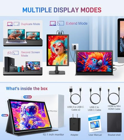 10.1 Portable Touchscreen Monitor,HDMI USB-C for Travel Mac (dark black) | 1920×1200,IPS 16:10,100% sRGB,1500:1,10-Point Touch,Speaker,VESA,Magnetic Case,400 nits - color: dark black