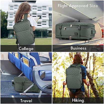 Large Travel Backpack Women, Flight Approved Carry On Backpack, Water Resistant Anti-Theft Large Casual Daypack Fit 17 Inch Laptop with USB Charging Port, Olive Green - color: Olive Green, size: 17.3 inch