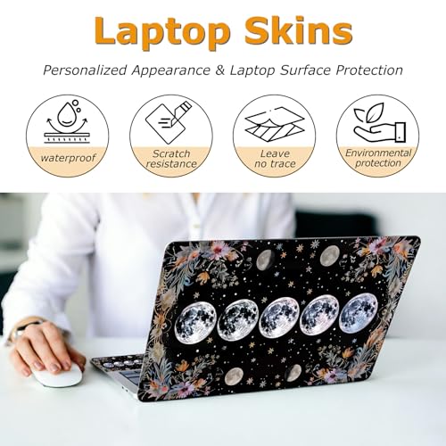 Universal Laptop Skin Sticker with 2 Wrist Pad Decals, 3-Piece Removable Vinyl Laptop Cover, Moon Flowers Waterproof Anti-Scratch, Easy-Trim Fit for 13.3" 14" 15.6" Laptops - color: Moon Flowers