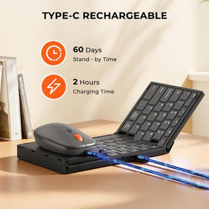 MEETION Foldable Wireless Keyboard and Mouse Combo, Rechargeable, Black | Full-size folding design, 2.4G plus dual Bluetooth, compact for business travel, compatible with Windows, Mac, iPad, Android
