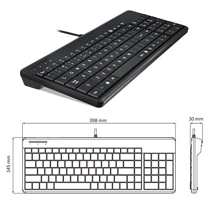 Perixx PERIBOARD-220H, Wired Compact USB Keyboard with 2 Hubs - Build-in Numeric Keypad - Black - US English