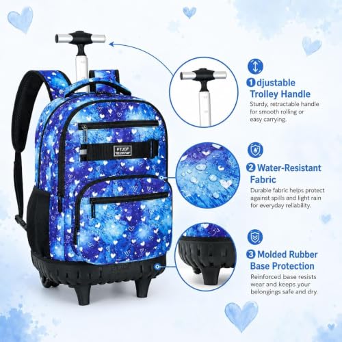 3Pcs Rolling Backpack for Girls, 19 Inche Women Roller Bag with Wheels for Adults, Wheeled Bookbag with Lunch Box(Blue) - color: Blue Love