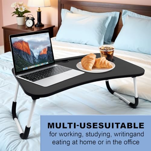 Portable Laptop Bed Desk, Foldable Laptop Table with Slot, 60 x 40 x 28 cm Foldable Legs, Ergonomic Design for Kitchen, Office, Bedroom, Sofa/Floor, Black