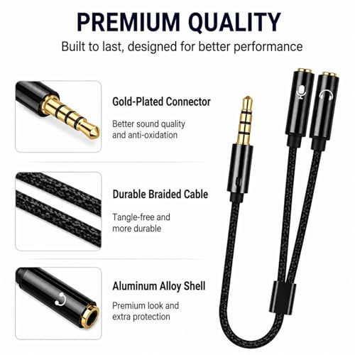 Headphone Splitter 3.5mm Mic and Audio Y Splitter TRRS Headset Adapter Cable Compatible with PC, Laptop, Android, Windows.(Black) - color: Black