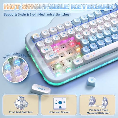 YUNZII C98 Wireless Mechanical Keyboard with Number Pad,98 Key BT5.0/2.4G/USB-C Hot Swap Gasket Mount with PBT MOA Keycaps,Custom RGB,Cute Cake Keyboard for Win/Mac (Blue, Milk V2 Linear Switch) - color: Blue, size: Milk V2 Linear Switch