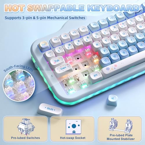 YUNZII C98 Wireless Mechanical Keyboard with Number Pad,98 Key BT5.0/2.4G/USB-C Hot Swap Gasket Mount with PBT MOA Keycaps,Custom RGB,Cute Cake Keyboard for Win/Mac (Blue, Milk V2 Linear Switch) - color: Blue, size: Milk V2 Linear Switch